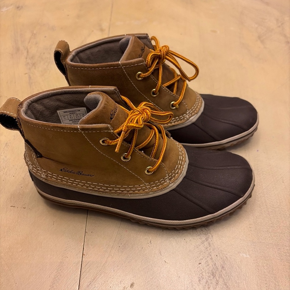 Eddie Bauer Hunt Pac Duck Boots Womens 7 Brown Leather Waterproof Rubber Ankle